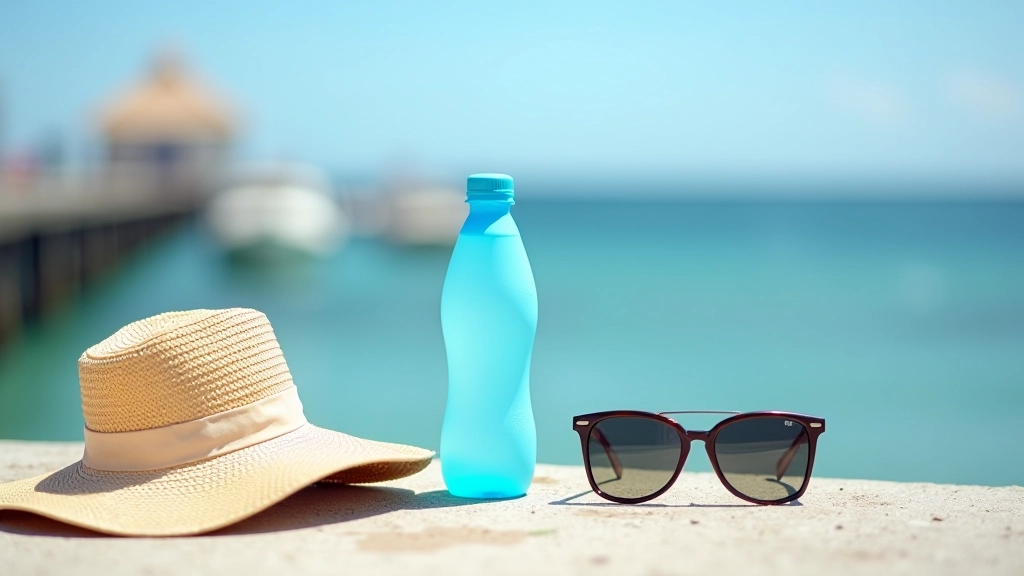 Artículos de viaje dispuestos ordenadamente: gorro, botella de agua, protector solar y lentes de sol