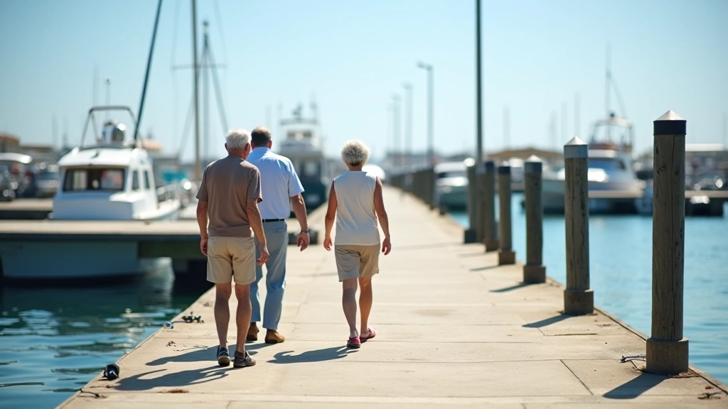 Grupo de jubilados caminando tranquilamente en el muelle
