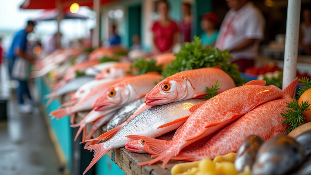 Detalle de pescados frescos en el mercado del puerto de Ponce