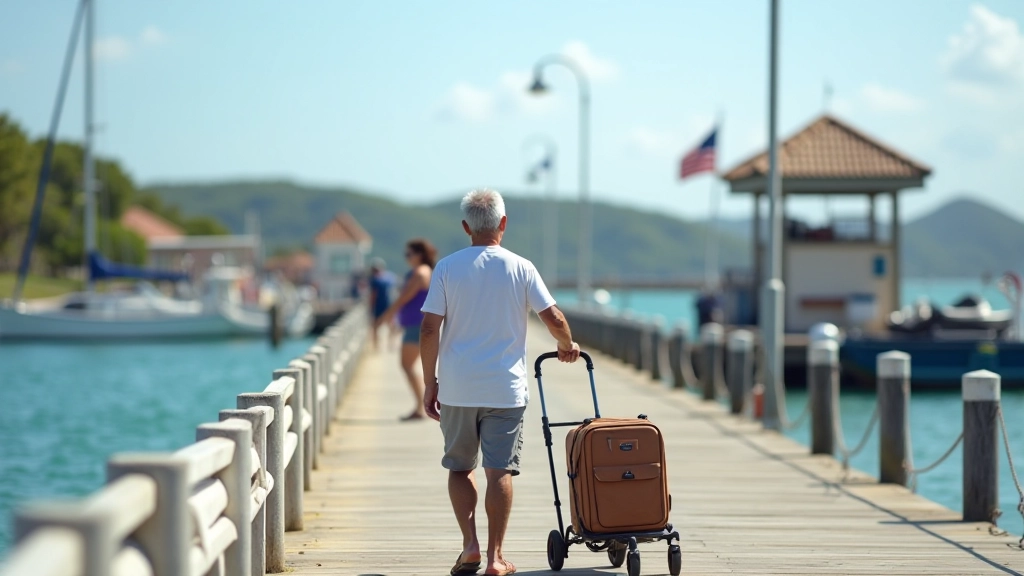Jubilado con equipo de caminata lista para paseo en el muelle