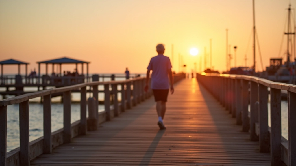 Jubilado disfrutando de beneficios de salud caminando en el muelle al atardecer