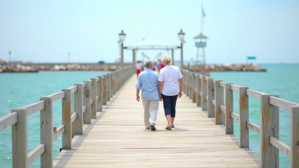 Jubilados caminando activamente en el muelle, mostrando beneficios de la actividad física marina