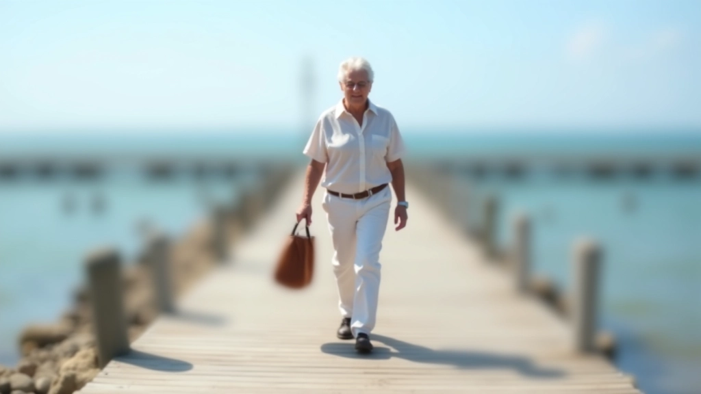 Persona de edad avanzada caminando en el muelle con postura erguida, confianza visible en su expresión, agua del océano de fondo