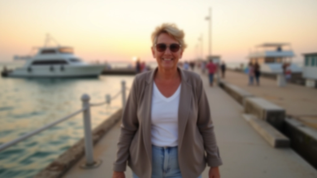 Persona jubilada caminando en el muelle al atardecer con vista del océano y embarcaciones de pesca de fondo