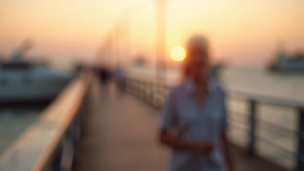 Persona jubilada disfrutando de un paseo tranquilo por el muelle de pescadores al atardecer