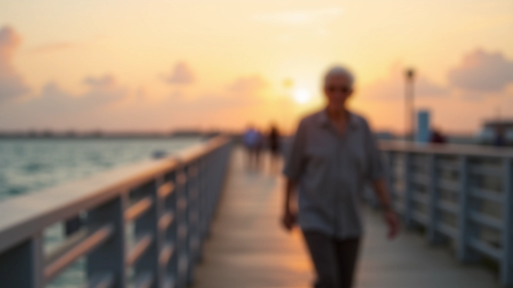 Persona mayor caminando activamente en el muelle al atardecer con vista del agua