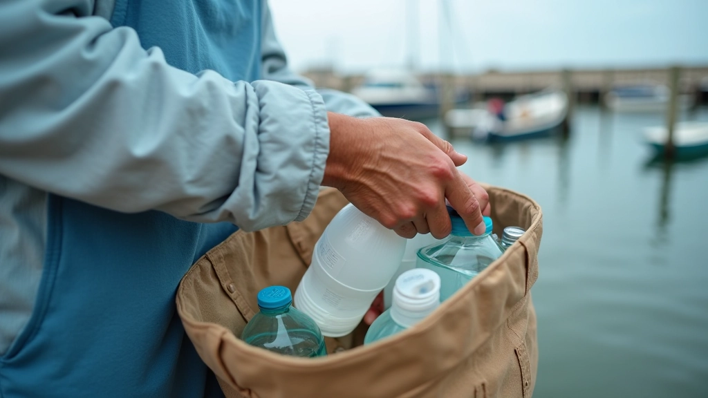 Persona preparando mochila con agua y artículos para caminar en el muelle