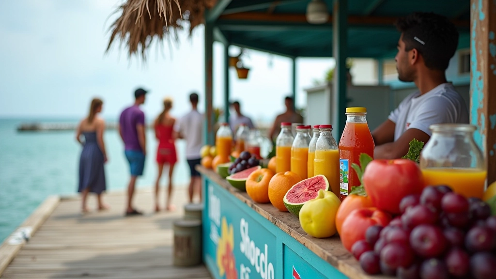 Vendedores de jugos frescos y comida local en el muelle, con colores vibrantes y ambiente auténtico