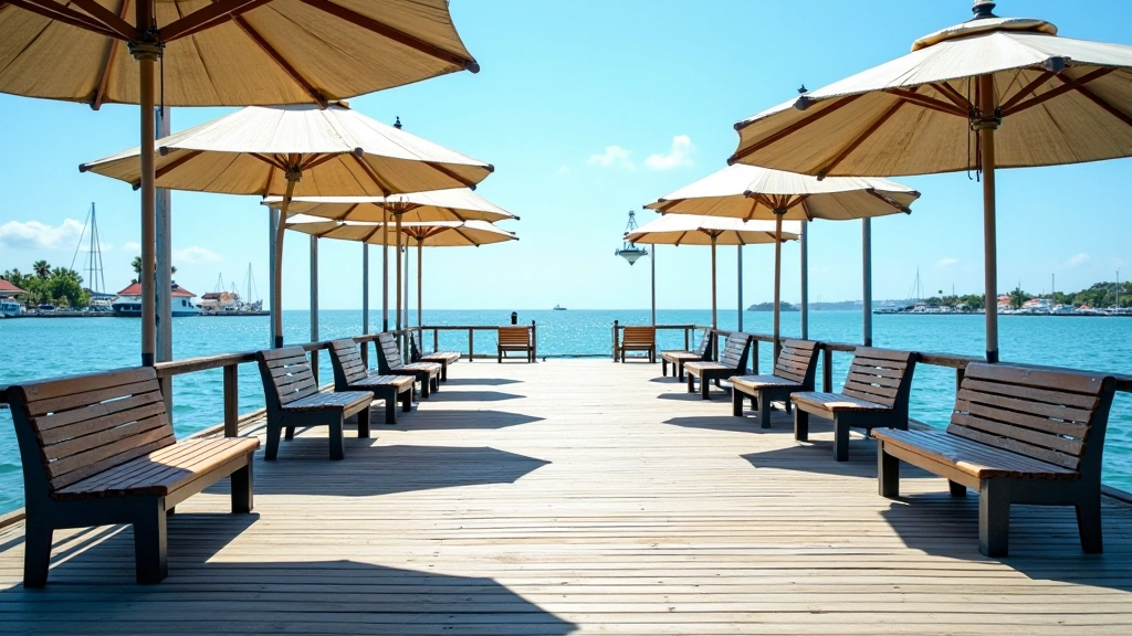 Áreas de descanso cómodas del muelle con bancos, sombra y vistas al puerto de Ponce