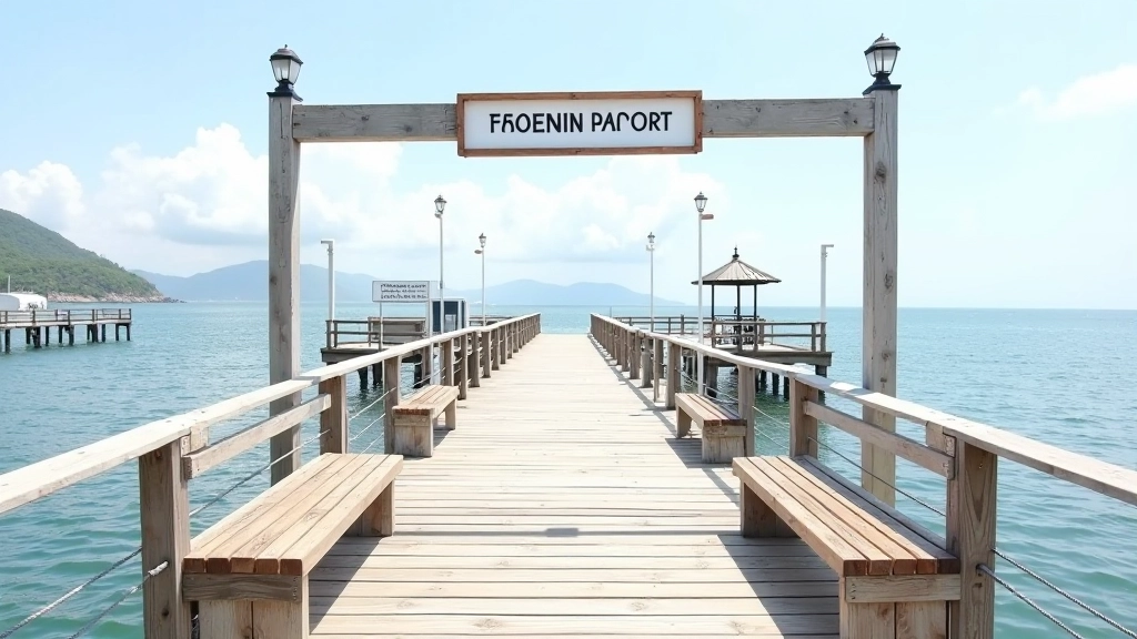 Entrada al muelle con señalización clara, bancos de madera para descansar y vista de las aguas tranquilas del puerto