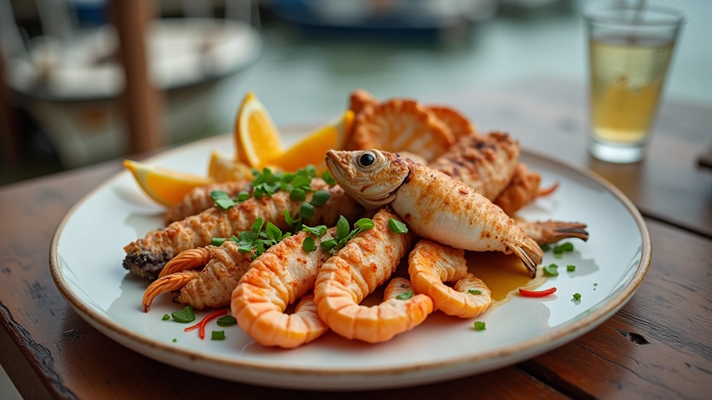 Mesa con platillos de pescado y mariscos locales típicos