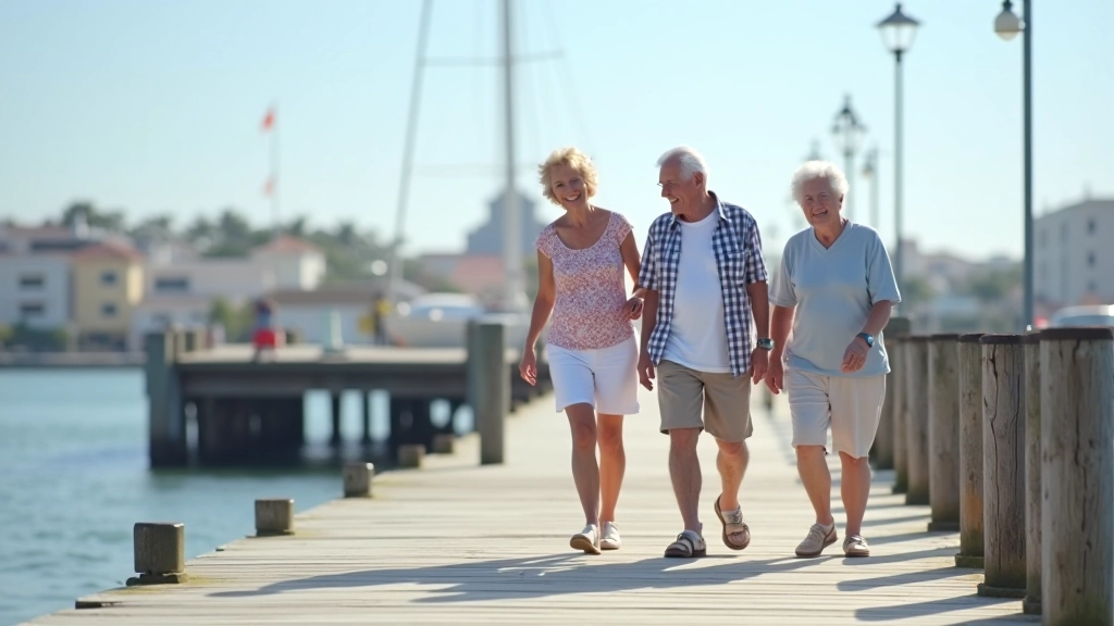 Grupo de adultos mayores caminando por el muelle disfrutando del paisaje