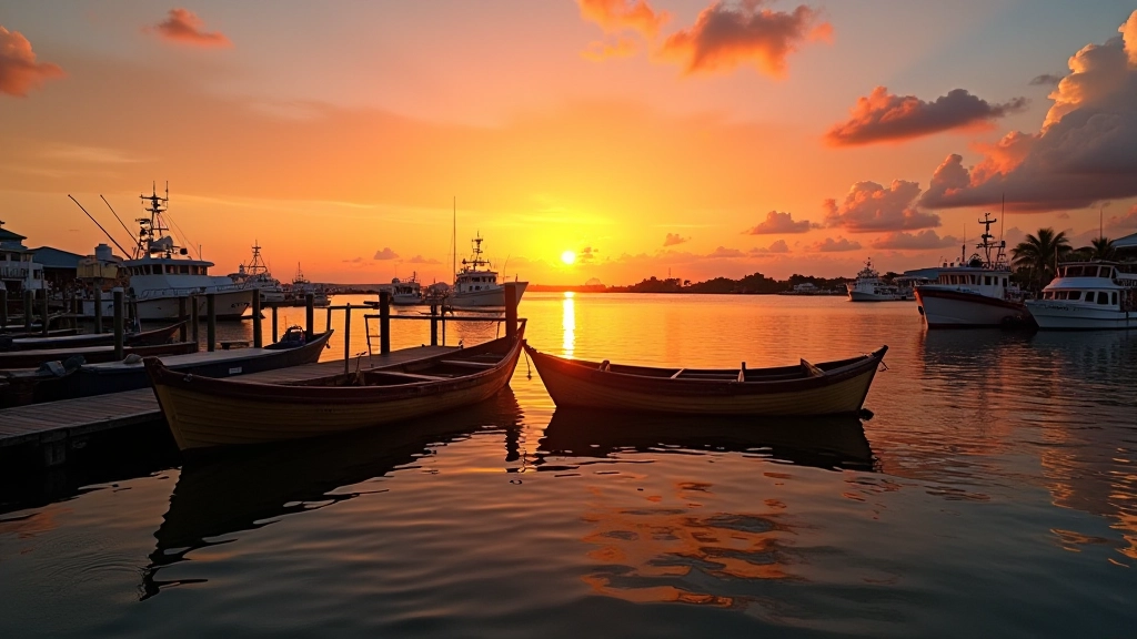 Atardecer en el puerto con botes pesqueros tradicionales