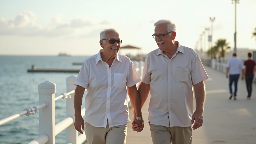 Dos personas jubiladas caminando juntas en el muelle, sonriendo y conversando, luz matutina suave